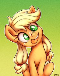 Size: 672x854 | Tagged: safe, artist:sorcerushorserus, character:applejack, species:earth pony, species:pony, blep, cute, digital art, female, freckles, head tilt, jackabetes, mare, pigtails, silly, silly pony, sitting, smiling, solo, teenage applejack, tongue bite, tongue out, who's a silly pony, young, younger