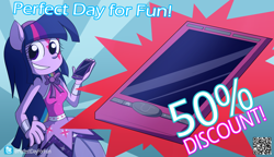 Size: 2000x1152 | Tagged: safe, artist:fj-c, character:twilight sparkle, episode:a perfect day for fun, equestria girls:rainbow rocks, g4, my little pony: equestria girls, my little pony:equestria girls, advertisement, cellphone, discount, female, phone, ponied up, pony ears, smartphone, solo