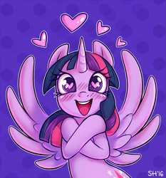 Size: 803x863 | Tagged: safe, artist:sorcerushorserus, character:twilight sparkle, character:twilight sparkle (alicorn), species:alicorn, species:pony, adorkable, bipedal, blushing, cute, dork, female, happy, heart, heart eyes, hug, looking at you, open mouth, self-hugging, smiling, solo, spread wings, sweet dreams fuel, twiabetes, wingding eyes, wings