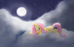 Size: 1139x729 | Tagged: safe, artist:sorcerushorserus, character:fluttershy, species:pegasus, species:pony, g4, cloud, cloudy, cute, cutie mark, eyes closed, female, full moon, hooves, lying on a cloud, mare, mare in the moon, moon, night, night sky, on a cloud, prone, shyabetes, sky, sleeping, solo, stars, wings