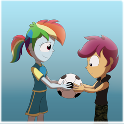 Size: 5000x5000 | Tagged: safe, artist:fj-c, character:rainbow dash, character:scootaloo, species:pegasus, species:pony, my little pony:equestria girls, absurd resolution, alternate hairstyle, duo, football, ponytail, scootalove