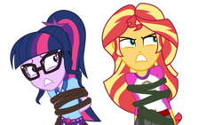 Size: 6000x3375 | Tagged: safe, artist:limedazzle, character:sunset shimmer, character:twilight sparkle, character:twilight sparkle (scitwi), species:eqg human, equestria girls:legend of everfree, g4, my little pony: equestria girls, my little pony:equestria girls, absurd resolution, bondage, clothing, duo, glasses, i've seen enough hentai to know where this is going, scared, shorts, simple background, tied up, transparent background, vector, vine, worried