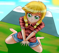 Size: 1024x931 | Tagged: safe, artist:focusb, character:applejack, species:human, alternate hairstyle, barefoot, clothing, feet, female, humanized, kneeling, looking at you, pigtails, shirt, shorts, solo, twintails