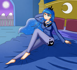 Size: 2200x2000 | Tagged: safe, artist:focusb, character:princess luna, species:human, arm behind head, balcony, barefoot, bed, bedroom eyes, clothing, cute, cutie mark on human, feet, female, humanized, looking at you, moon, night, pants, pose, sitting, smiling, solo