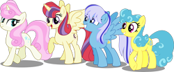 Size: 6000x2504 | Tagged: safe, artist:orin331, character:lemon hearts, character:minuette, character:moondancer, character:twinkleshine, species:alicorn, species:earth pony, species:pegasus, species:pony, dancerverse, alicornified, alternate hairstyle, alternate universe, group, moondancercorn, race swap, simple background, transparent background, vector