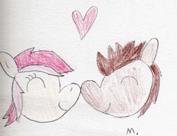 Size: 1267x974 | Tagged: safe, artist:ptitemouette, character:doctor whooves, character:roseluck, character:time turner, species:pony, ship:doctorrose, boop, cute, heart, male, noseboop, shipping, stallion, straight, traditional art
