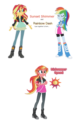 Size: 830x1275 | Tagged: safe, artist:berrypunchrules, character:rainbow dash, character:sunset shimmer, ship:sunsetdash, my little pony:equestria girls, eyes closed, female, fusion, lesbian, multiple arms, shipping, simple background, smiling, white background
