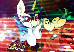 Size: 1920x1358 | Tagged: safe, artist:rariedash, character:dj pon-3, character:vinyl scratch, species:pony, species:unicorn, 70s, cd, female, grin, headphones, ipod, looking at you, magazine, mp3 player, prone, smiling, solo, underhoof