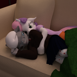 Size: 1500x1500 | Tagged: safe, artist:tahublade7, character:silver spoon, character:sweetie belle, species:anthro, species:earth pony, species:plantigrade anthro, species:pony, species:unicorn, ship:silverbelle, 3d, couch, daz studio, eyes closed, female, filly, floppy ears, glasses, lesbian, shipping, sleeping, snuggling, tights