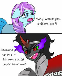 Size: 979x1205 | Tagged: safe, artist:jolliapplegirl, character:king sombra, character:sapphire joy, cloak, clothing, comic, crying, curved horn, dark magic, dialogue, fangs, floppy ears, magic, once upon a time (tv show), sapphombra, shipping, sombra eyes