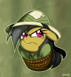 Size: 876x948 | Tagged: safe, artist:sorcerushorserus, character:daring do, annoyed, bondage, bust, clothing, female, hat, portrait, restrained, rope, shirt, simple background, solo, tied up