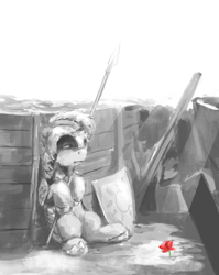 Size: 1259x1583 | Tagged: safe, artist:anticular, species:earth pony, species:pony, armor, battlefield, flower, grayscale, male, monochrome, neo noir, partial color, poppy, royal guard, sitting, solo, spear, trench, weapon, world war i