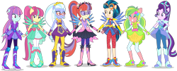 Size: 7000x2815 | Tagged: safe, artist:limedazzle, edit, part of a set, character:applejack, character:fluttershy, character:indigo zap, character:lemon zest, character:moondancer, character:pinkie pie, character:rainbow dash, character:rarity, character:sour sweet, character:starlight glimmer, character:sugarcoat, character:sunny flare, character:sunset shimmer, character:twilight sparkle, character:twilight sparkle (scitwi), species:eqg human, equestria girls:legend of everfree, g4, my little pony: equestria girls, my little pony:equestria girls, absurd resolution, alternate universe, boots, clothing, crystal guardian, crystal wings, eyes closed, goggles, high heel boots, holding hands, humane five, mane six, ponied up, request, shadow five, shoes, simple background, smiling, sparkles, super ponied up, transparent background, vector, vector edit, visor, wall of tags, wings