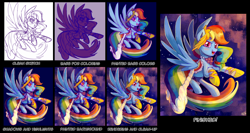Size: 2012x1070 | Tagged: safe, artist:sorcerushorserus, character:rainbow dash, clothing, dress, female, floating, gala dress, open mouth, progress, sketch, solo, spread wings, tutorial, wings, wip