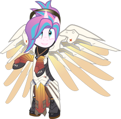 Size: 6000x5938 | Tagged: safe, artist:limedazzle, character:princess flurry heart, species:pony, absurd resolution, armor, bipedal, clothing, crossover, cute, female, flurrybetes, mercy, older, overwatch, request, simple background, smiling, solo, transparent background, vector