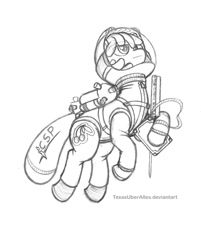 Size: 720x894 | Tagged: safe, artist:texasuberalles, derpibooru original, character:cherry berry, species:earth pony, species:pony, fanfic:changeling space program, astronaut, crossover, extend-o-matic series a1 deployable flag, fanfic, fanfic art, grayscale, jetpack, kerbal space program, monochrome, simple background, sketch, solo, space suit, white background