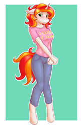 Size: 2800x4241 | Tagged: safe, artist:daf, oc, oc only, oc:star shimmer, species:anthro, species:pony, species:unguligrade anthro, species:unicorn, absurd resolution, blushing, clothing, cute, pants, pinup, shirt, solo