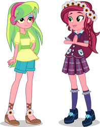 Size: 4739x6000 | Tagged: safe, artist:limedazzle, character:gloriosa daisy, character:lemon zest, equestria girls:legend of everfree, g4, my little pony: equestria girls, my little pony:equestria girls, absurd resolution, beautiful, classy, clothes swap, clothing, cute, daisybetes, duo, floral head wreath, flower, flower in hair, freckles, green, hands together, headphones, high heels, pleated skirt, request, school uniform, shoes, shorts, simple background, skirt, socks, transparent background, vector, zestabetes