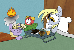 Size: 1329x900 | Tagged: safe, artist:joeywaggoner, character:derpy hooves, character:dinky hooves, species:pegasus, species:pony, bed, chef's hat, clothing, equestria's best daughter, female, fire, hat, mare, muffin, orange juice, toast