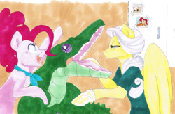 Size: 1130x743 | Tagged: safe, artist:frozensoulpony, character:fluttershy, character:gummy, character:pinkie pie, clothing, lidded eyes, older, older gummy, open mouth, smiling, traditional art, veterinarian