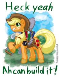 Size: 720x937 | Tagged: safe, artist:texasuberalles, character:applejack, species:earth pony, species:pony, crosscut saw, female, goggles, hammer, looking up, rope, saddle bag, saw, screwdriver, shears, shovel, smiling, solo, tape, unshorn fetlocks