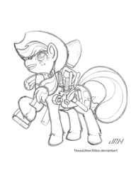 Size: 720x937 | Tagged: safe, artist:texasuberalles, character:applejack, species:earth pony, species:pony, crosscut saw, female, goggles, hammer, looking up, rope, saddle bag, saw, screwdriver, shears, shovel, simple background, sketch, smiling, solo, tape, unshorn fetlocks, white background