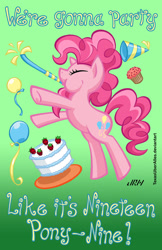 Size: 720x1113 | Tagged: safe, artist:texasuberalles, character:pinkie pie, species:earth pony, species:pony, 1999, balloon, cake, clothing, cupcake, eyes closed, female, food, hat, party, party hat, party horn, prince (musician), prince and the revolution, solo, song reference
