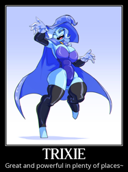 Size: 556x745 | Tagged: safe, artist:bigdad, edit, character:trixie, satyr, species:pony, species:unicorn, armpits, breasts, busty trixie, female, human facial structure, motivational poster, pony colored satyr, pony coloring, satyrized, solo, trixie's cape, trixie's hat