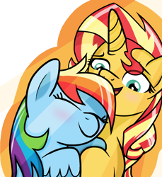 Size: 748x815 | Tagged: safe, artist:berrypunchrules, character:rainbow dash, character:sunset shimmer, species:pony, ship:sunsetdash, my little pony:equestria girls, blushing, cuddling, eyes closed, female, lesbian, open mouth, shipping, simple background, smiling, snuggling, transparent background
