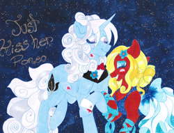 Size: 1048x800 | Tagged: safe, artist:frozensoulpony, oc, oc only, oc:somber soliloquy, oc:sweet bailey, parent:applejack, parent:jet set, parent:trixie, parent:unnamed oc, parents:applejet, parents:canon x oc, bow tie, clothing, dress, male, oc x oc, offspring, offspring shipping, shipping, straight, traditional art