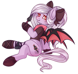 Size: 2511x2383 | Tagged: safe, artist:ruef, oc, oc only, oc:violet thorn, species:bat pony, species:pony, crossed legs, kunai, kunoichi, looking at you, ninja, ribbon, simple background, smiling, solo, transparent background, weapon