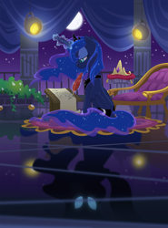 Size: 2400x3240 | Tagged: safe, artist:equestria-prevails, character:princess luna, species:alicorn, species:pony, chair, crown, female, flower, flowing mane, glowing eyes, glowing horn, glowing mane, light, mare, moon, night, night sky, plant, quill, rug, scroll, sky, solo, stars