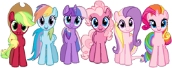 Size: 843x337 | Tagged: safe, artist:colossalstinker, character:fluttershy (g3), character:pinkie pie (g3), character:rainbow dash (g3), character:rarity (g3), species:earth pony, species:pegasus, species:pony, species:unicorn, g3, applejack (g3), female, fluttershy (g3), g3 to g4, generation leap, looking at you, mare, palette swap, recolor, simple background, transparent background, twilight twinkle
