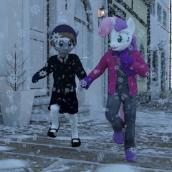 Size: 1500x1500 | Tagged: safe, artist:tahublade7, character:silver spoon, character:sweetie belle, species:anthro, species:plantigrade anthro, ship:silverbelle, 3d, clothing, coat, daz studio, female, gloves, hat, leggings, lesbian, mary janes, overalls, scarf, shipping, shoes, sneakers, snow, sweater, tights, winter, winter wonderland