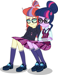 Size: 5000x6414 | Tagged: safe, artist:limedazzle, character:moondancer, character:twilight sparkle, character:twilight sparkle (scitwi), species:eqg human, ship:twidancer, my little pony:equestria girls, absurd resolution, blushing, clothing, cute, equestria girls-ified, female, lesbian, school uniform, scitwidancer, shipping, simple background, sitting, smiling, transparent background