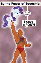 Size: 2000x3036 | Tagged: safe, artist:mlp-silver-quill, character:rarity, species:pony, angry, crossover, dialogue, glow, he-man, holding a pony, parody, put me down, speech bubble