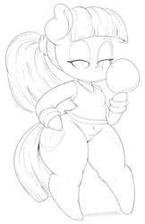 Size: 869x1343 | Tagged: safe, artist:purple-yoshi-draws, character:maud pie, species:earth pony, species:pony, alternate hairstyle, ball, clothing, cute, female, lidded eyes, lineart, maudabetes, monochrome, ponytail, semi-anthro, simple background, solo, sweatband, tank top, thunder thighs, white background
