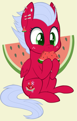 Size: 589x930 | Tagged: safe, artist:higgly-chan, oc, oc only, oc:melon frost, species:pegasus, species:pony, cute, ear piercing, earring, eating, jewelry, ocbetes, piercing, sitting, solo