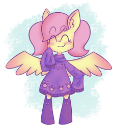 Size: 1352x1521 | Tagged: safe, artist:typhwosion, character:fluttershy, species:pegasus, species:pony, :3, alternate hairstyle, bipedal, blushing, clothing, cute, digital art, dress, ear fluff, eyes closed, female, long sleeves, mare, oversized clothes, paw prints, pigtails, pink hair, pink mane, pink tail, purple socks, purple sweater, semi-anthro, simple background, smiling, socks, solo, spread wings, standing, stockings, sweater, sweater dress, sweatershy, thigh highs, transparent background, turtleneck, wings, yellow coat