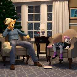 Size: 1600x1600 | Tagged: safe, artist:tahublade7, character:applejack, character:sweetie belle, species:anthro, species:plantigrade anthro, 3d, alcohol, armchair, boots, bored, christmas presents, christmas tree, clothing, cute, daz studio, jeans, lamp, mary janes, panties, pants, plaid, plate, skirt, socks, tree, underwear, upskirt, white underwear, wine, wine glass