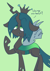 Size: 1404x2000 | Tagged: safe, artist:typhwosion, character:queen chrysalis, species:changeling, female, green background, haircut, raised hoof, simple background, solo, talking