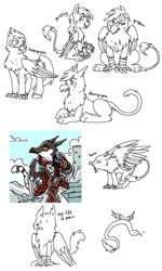 Size: 692x1153 | Tagged: safe, artist:equestria-prevails, species:classical hippogriff, species:griffon, species:hippogriff, armor, barking, demigryph, pain, quetzalcoatl, sketch, sketch dump, snake, sword, weapon