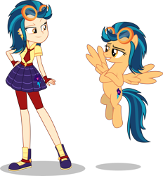 Size: 7000x7531 | Tagged: safe, artist:limedazzle, character:indigo zap, species:pegasus, species:pony, equestria girls:friendship games, g4, my little pony: equestria girls, my little pony:equestria girls, absurd resolution, alternate universe, clothing, duo, ear piercing, equestria girls ponified, goggles, human ponidox, piercing, ponidox, ponified, self ponidox, simple background, skirt, transparent background, vector