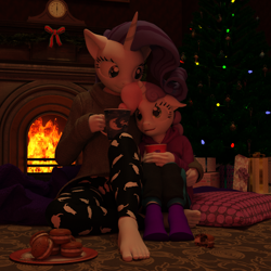 Size: 1500x1500 | Tagged: safe, artist:tahublade7, character:rarity, character:sweetie belle, species:anthro, species:plantigrade anthro, 3d, barefoot, blanket, chocolate, christmas, christmas tree, clothing, cuddling, cute, daz studio, feet, fireplace, food, hot chocolate, macaroons, mug, pants, pullover, sisterly love, snuggling, socks, sweater, toes, tree