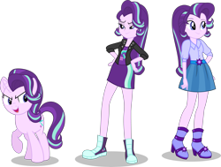 Size: 7501x5683 | Tagged: safe, artist:limedazzle, character:starlight glimmer, my little pony:equestria girls, absurd resolution, alternate universe, boots, clothing, comparison, converse, cute, equestria girls-ified, female, high heel boots, high heels, jacket, leather jacket, lidded eyes, open mouth, raised hoof, shoes, simple background, skirt, smiling, sneakers, solo, transparent background, vector