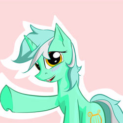 Size: 5000x5000 | Tagged: safe, artist:sharpieboss, character:lyra heartstrings, species:pony, species:unicorn, absurd resolution, blushing, female, looking at you, open mouth, pink background, raised hoof, simple background, smiling, solo, underhoof, waving
