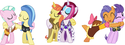 Size: 3095x1123 | Tagged: safe, artist:ironm17, character:cayenne, character:citrus blush, character:clear skies, character:clover the clever, character:frying pan, character:sunshower, character:tender brush, episode:hearth's warming eve, g4, my little pony: friendship is magic, armor, cape, chancellor puddinghead, clothing, commander hurricane, frying pan, hug, las pegasus resident, princess platinum, private pansy, simple background, singing, smart cookie, transparent background