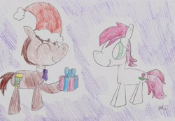 Size: 2114x1460 | Tagged: safe, artist:ptitemouette, character:doctor whooves, character:roseluck, character:time turner, species:earth pony, species:pony, ship:doctorrose, christmas, male, shipping, straight, traditional art
