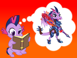 Size: 1347x1019 | Tagged: safe, artist:punzil504, character:twilight sparkle, character:twilight sparkle (alicorn), species:alicorn, species:dragon, species:pony, alternate universe, armor, bloodstone scepter, book, daydream, dragoness, dragonified, female, older, orange background, simple background, species swap, twilidragon