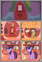 Size: 3254x4837 | Tagged: safe, artist:gutovi, character:applejack, character:twilight sparkle, character:twilight sparkle (alicorn), species:alicorn, species:pony, comic:why me!?, absurd resolution, book, comic, dialogue, explicit series, exposition, golden oaks library, magic, speech bubble, wat
